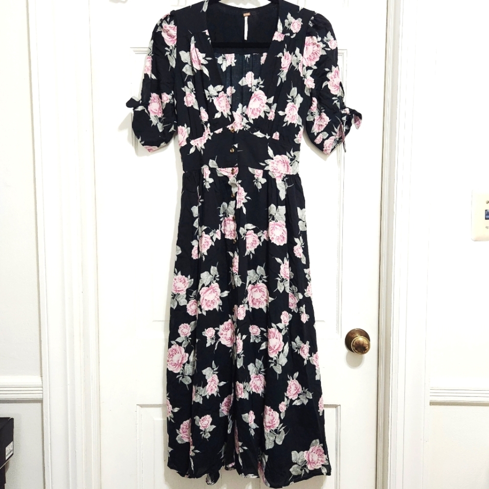 Free People Black & Pink Floral Print Fitted Waist Tie Sleeve Plunge Midi Dress
